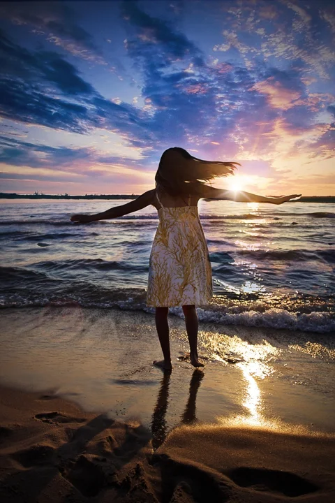 beach, stroll, girl, sunset