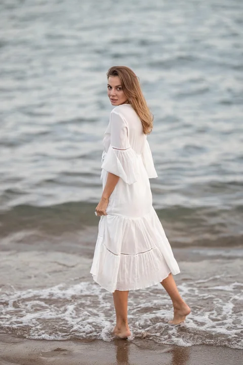 woman, white dress, beach, fashion
