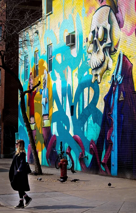 montreal, mural, woman, pedestrian
